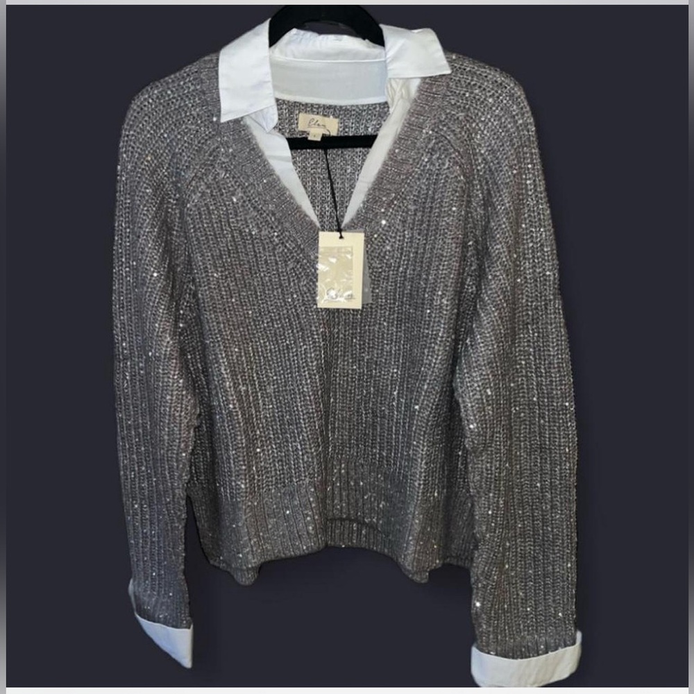 🩶NWT ELAN size LARGE Two For charcoal gray sweater, crisp, white button-down